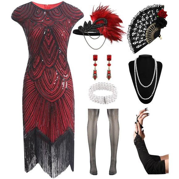 Women's Flapper Dresses 1920s Sequin Fringe Beaded Cocktail Crew Neck Dress🐘